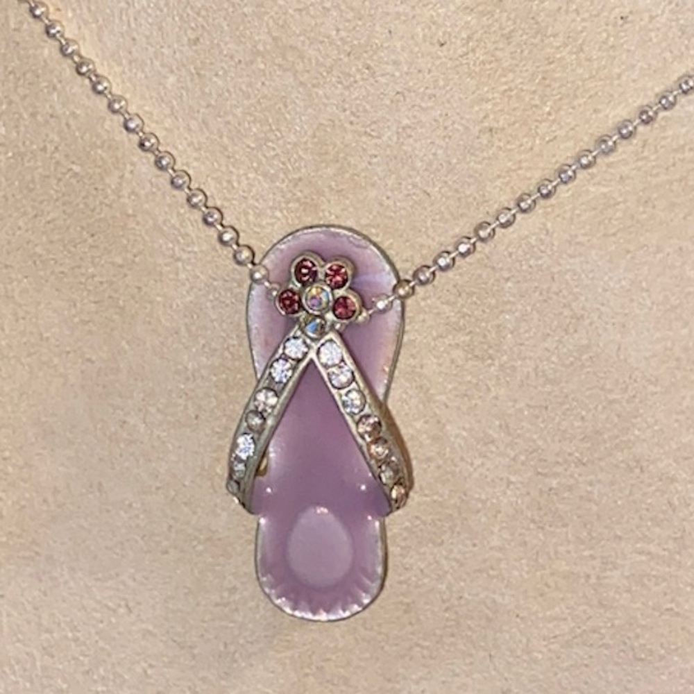 Lavender slipper pendant with silver colored ball chain necklace